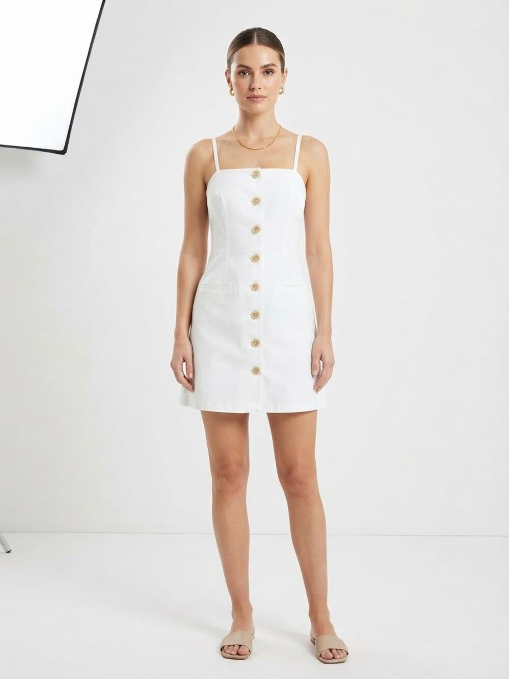 CIDER Women Ivory White Button Down Mini Dress Size Medium Spaghetti Strap Trend